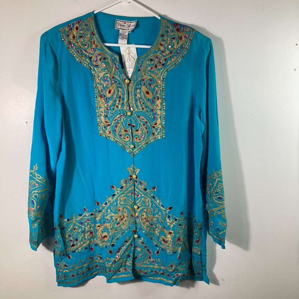 Dianne Gilman Silk Button Beaded Tunic M Long Sleeve Turquoise Gold‎ NWT